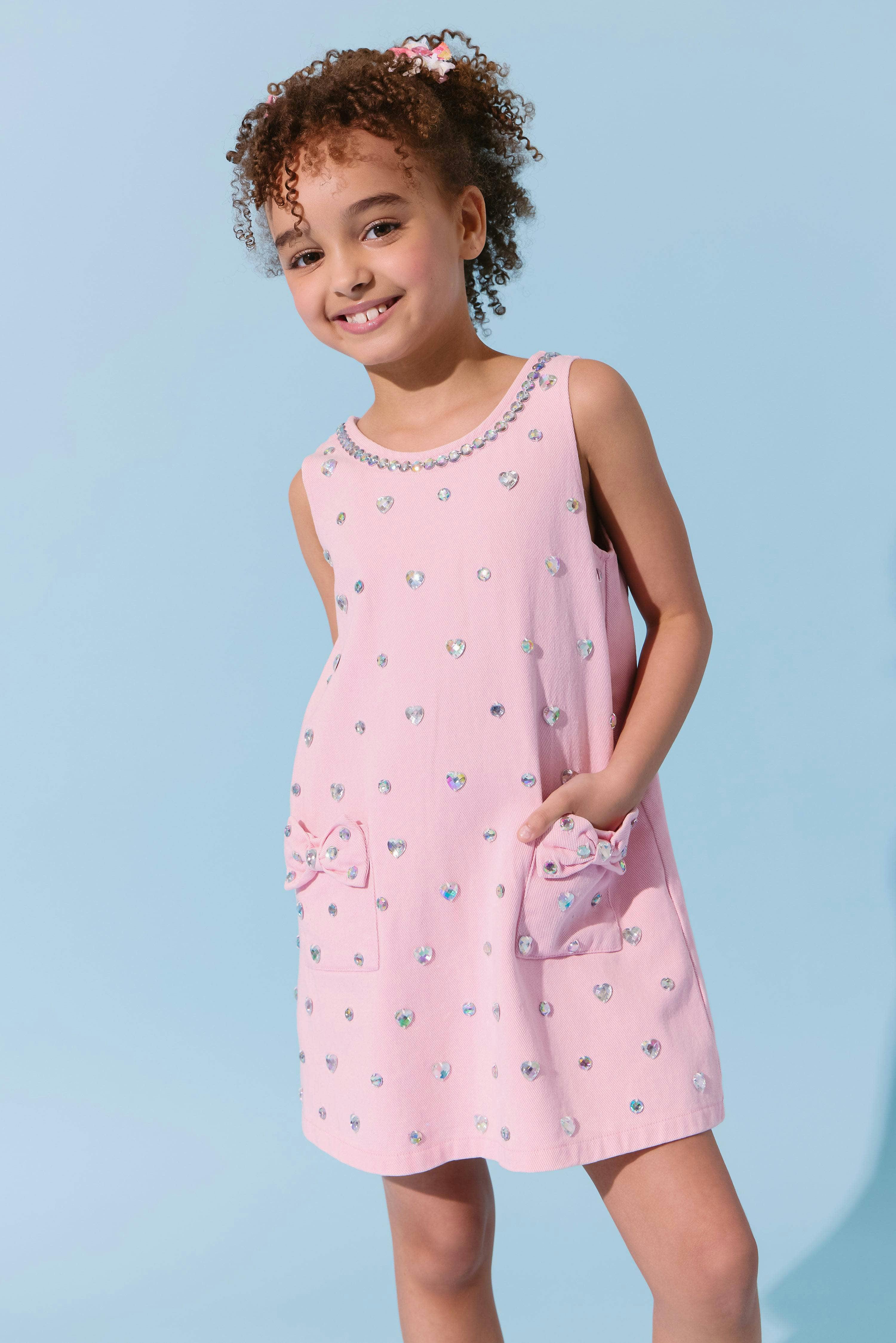 Pink Crystal Heart Denim Bow Dress