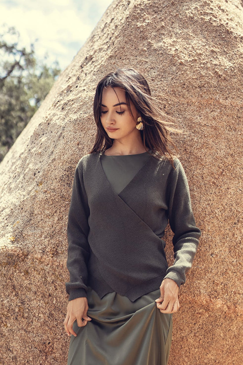 FAUX WRAP SWEATER