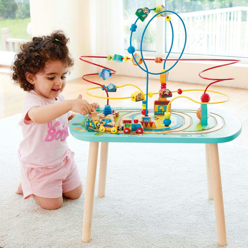 Hape: Twisting Railway Maze Table - Wooden Animal Graphics Maze Toy
