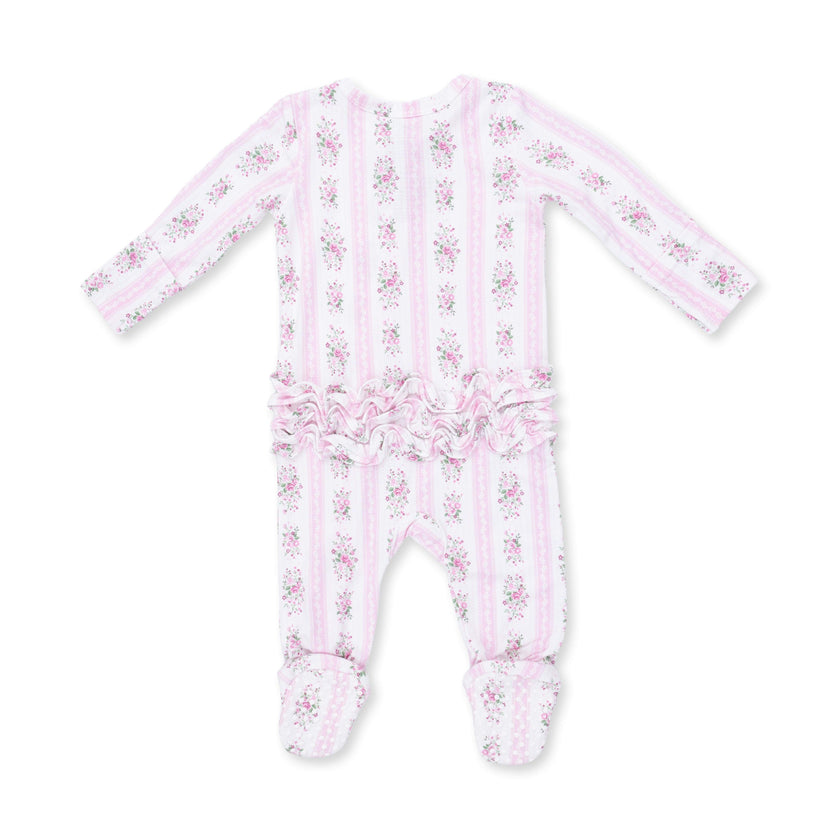 Bella Rose Stripe - 2 Way Ruffle Back Zipper Footie