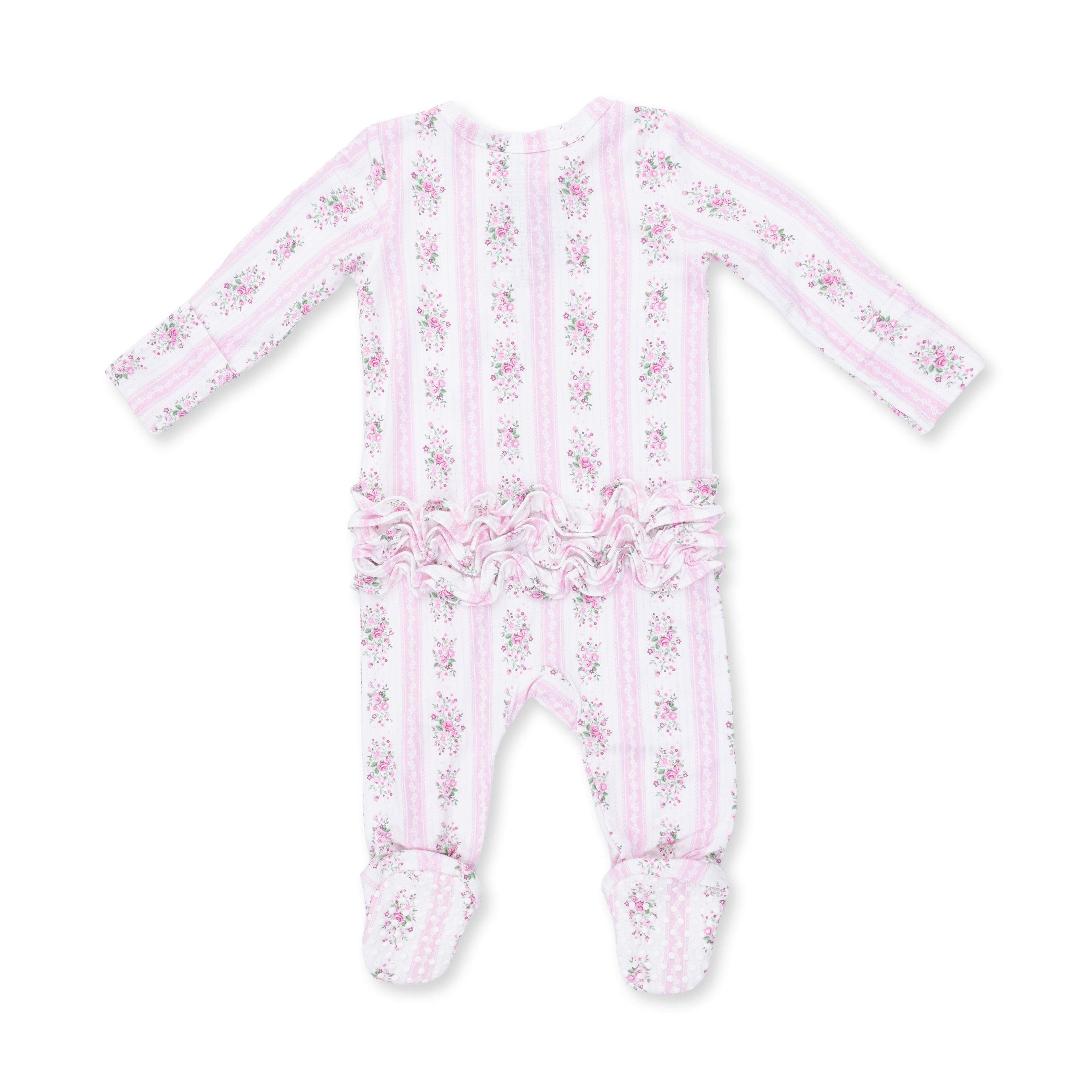 Bella Rose Stripe - 2 Way Ruffle Back Zipper Footie