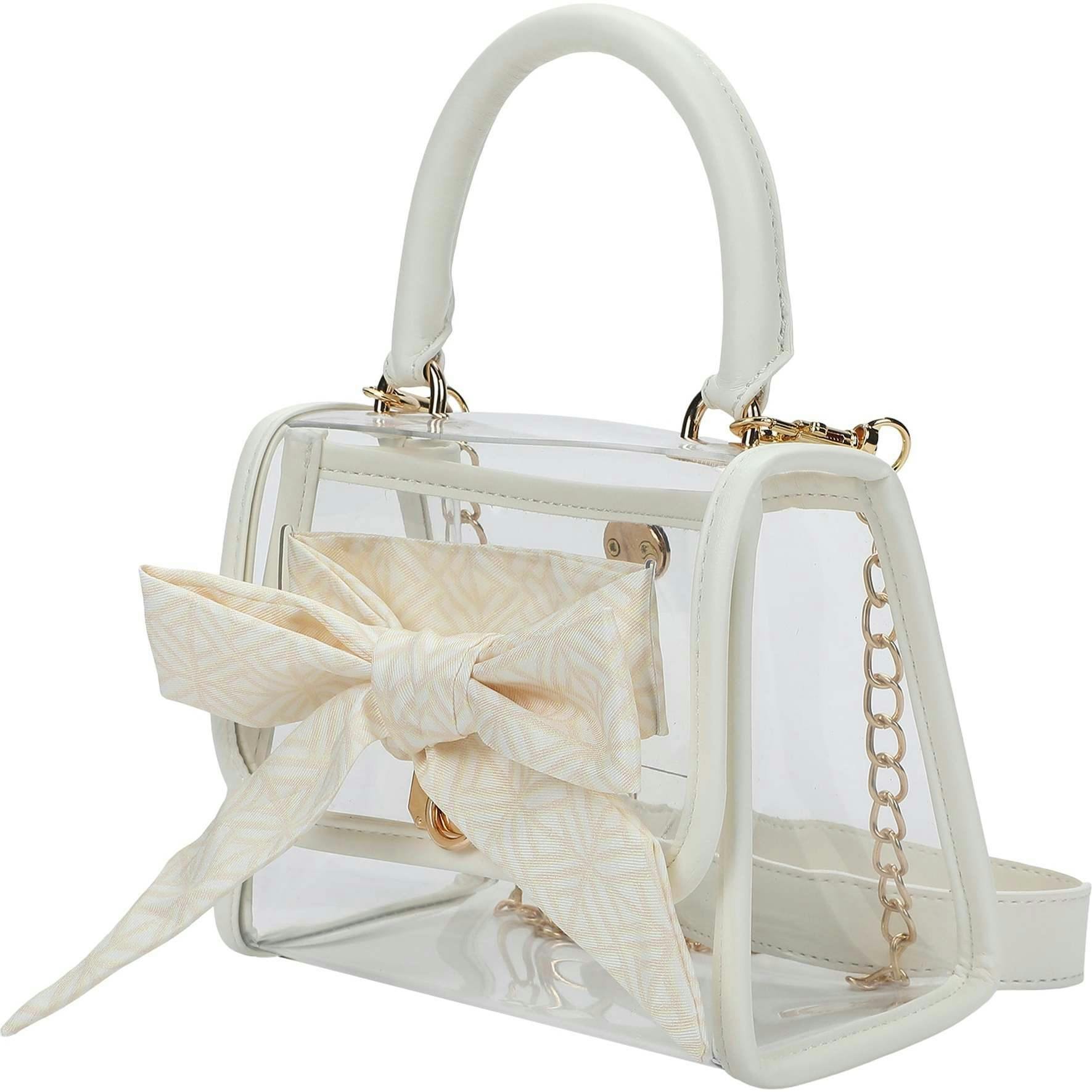 Packed Party Clear Mini Crossbody Bag - White Trim with Gold Chain Strap, Removable Satin Bow Scarf, Top Handle, 7x3.5x5 Inch