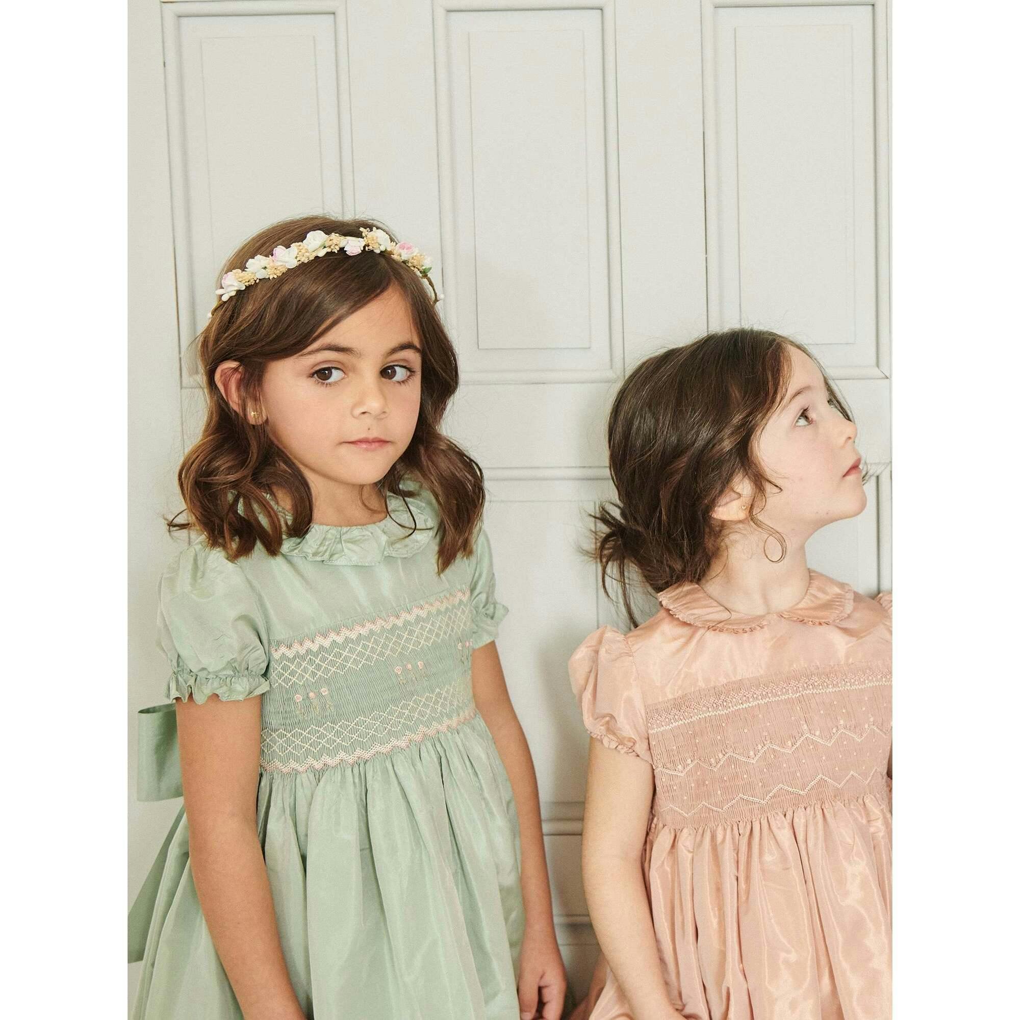 Sage Verity Silk Ceremony Girl Hand-Smocked Dress