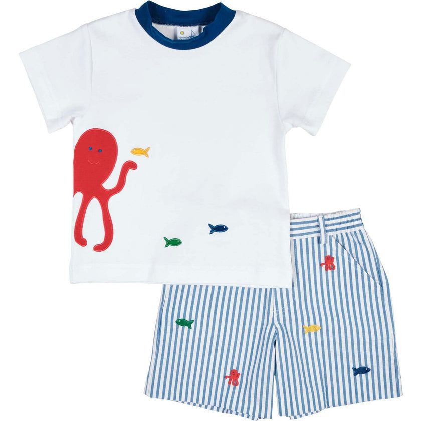 Seersucker Short With Embroidered Sea Creatures