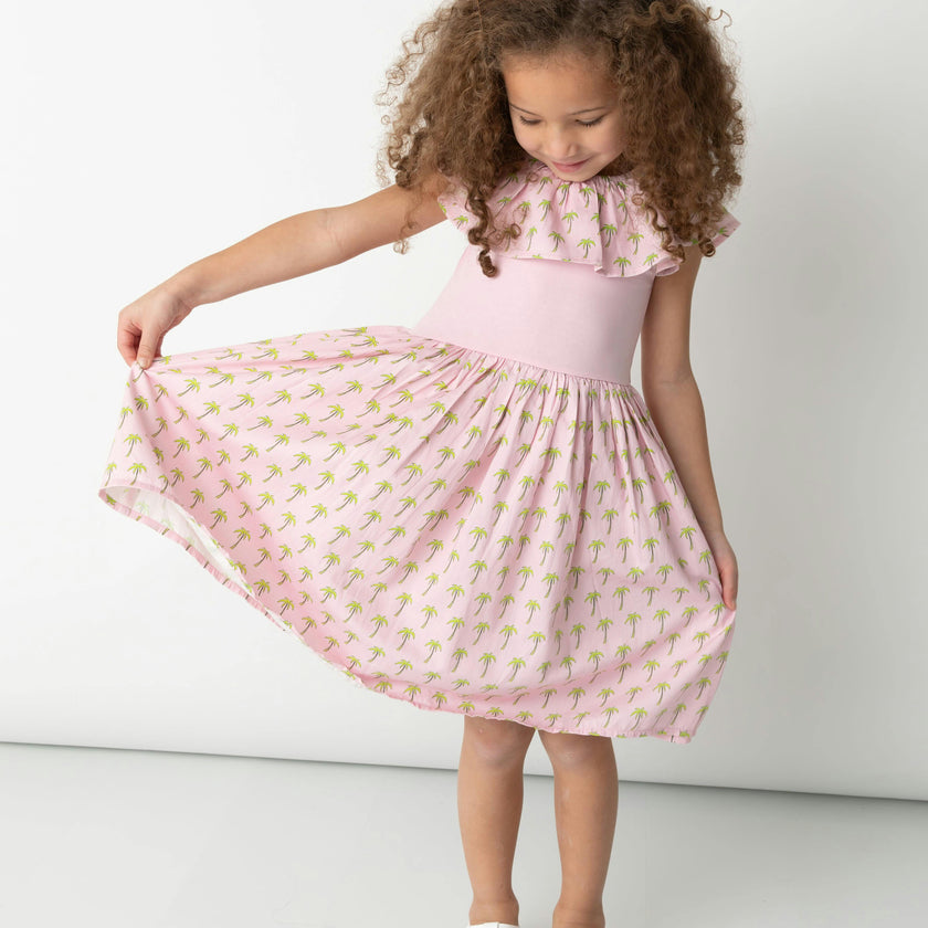 Pink Palms Mixed Fabric Ruffle Dress