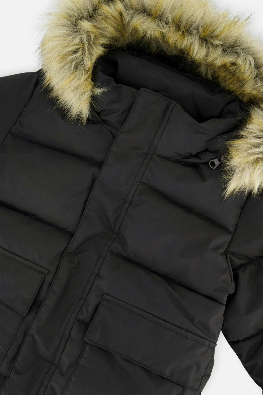 Winter Jacket with Faux-Fur Hood Black