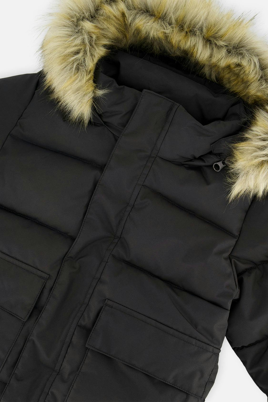 Winter Jacket with Faux-Fur Hood Black