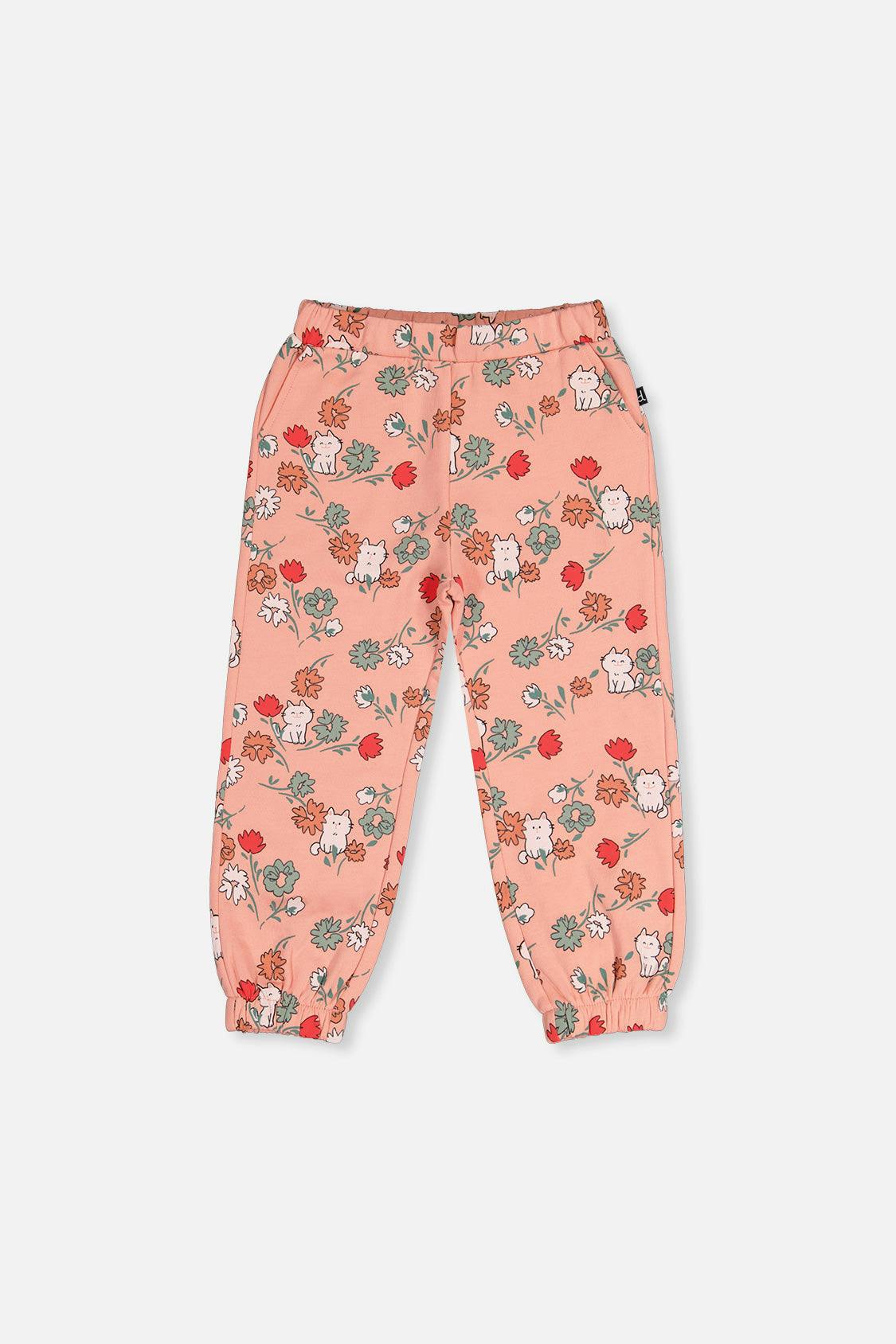 French Terry Sweatpants Pink Cat Print
