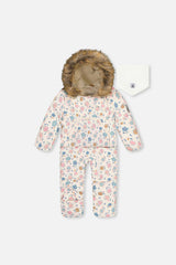 Baby Snug One Piece Snowsuit Adapted For Car Seats White With Floral Print