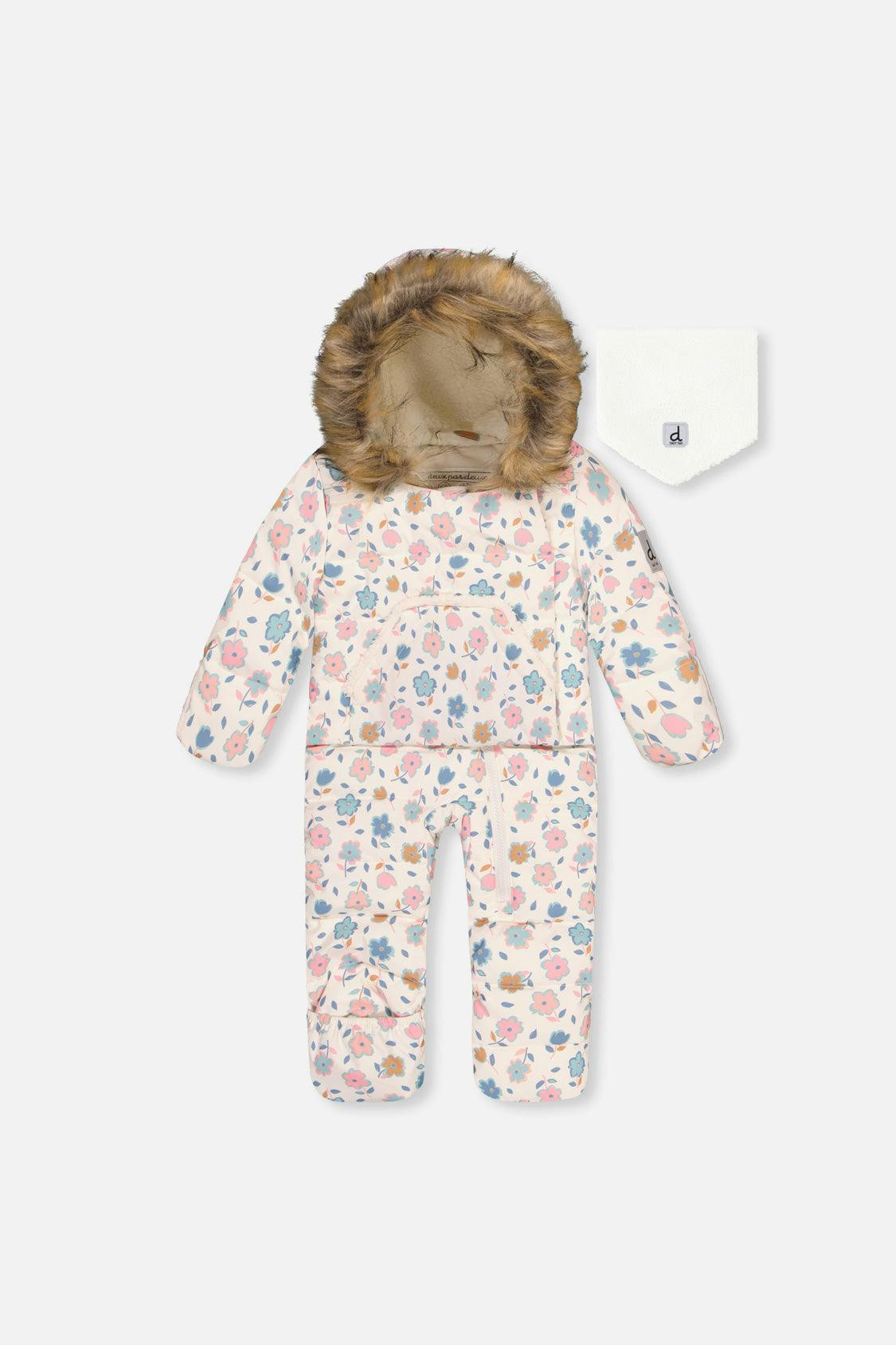 Baby Snug One Piece Snowsuit Adapted For Car Seats White With Floral Print