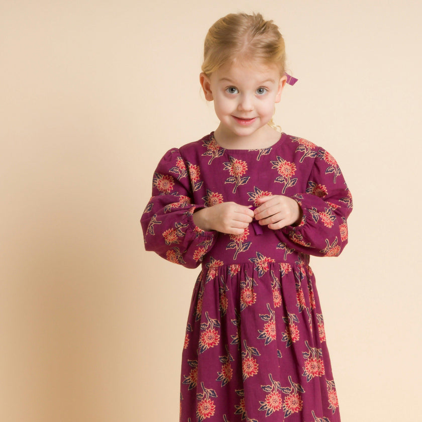Girls' Long Sleeve Dress with Floral Motif