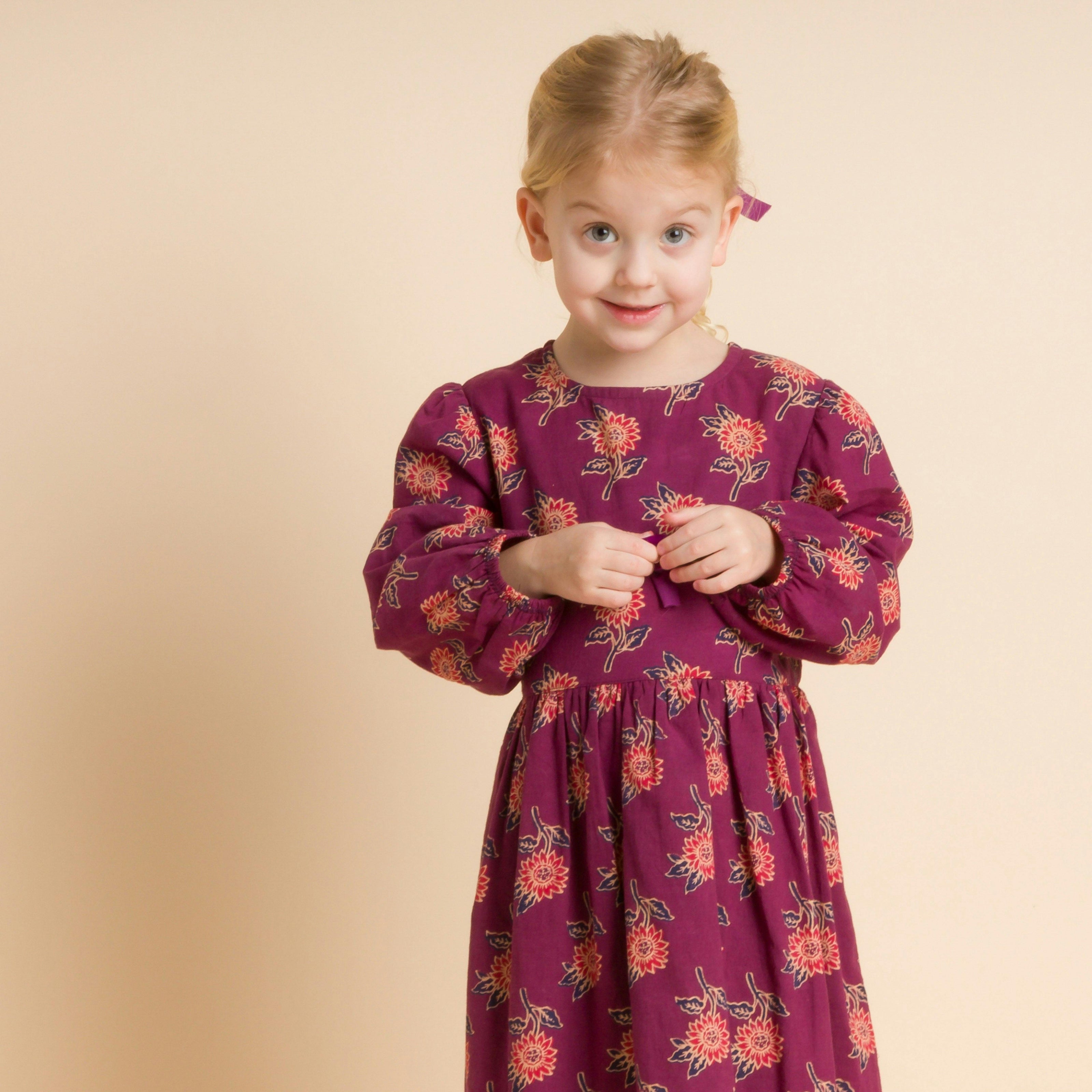 Girls' Long Sleeve Dress with Floral Motif
