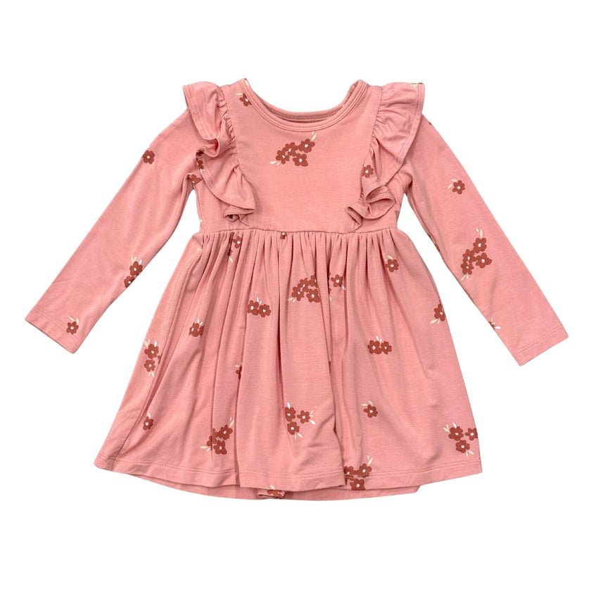 Girls Long Sleeve Ruffle Dress in Floral Stamp