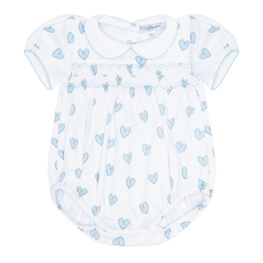 Blue Heart Print Smocked Bubble