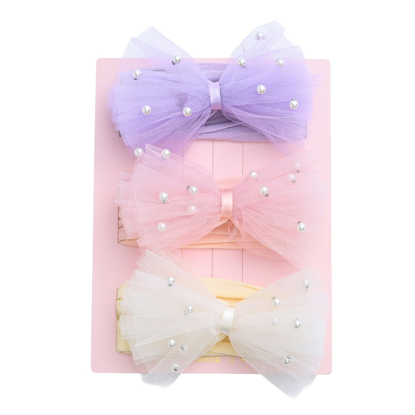 Multicolor Elastic Tulle Pearl Bow Headband Set