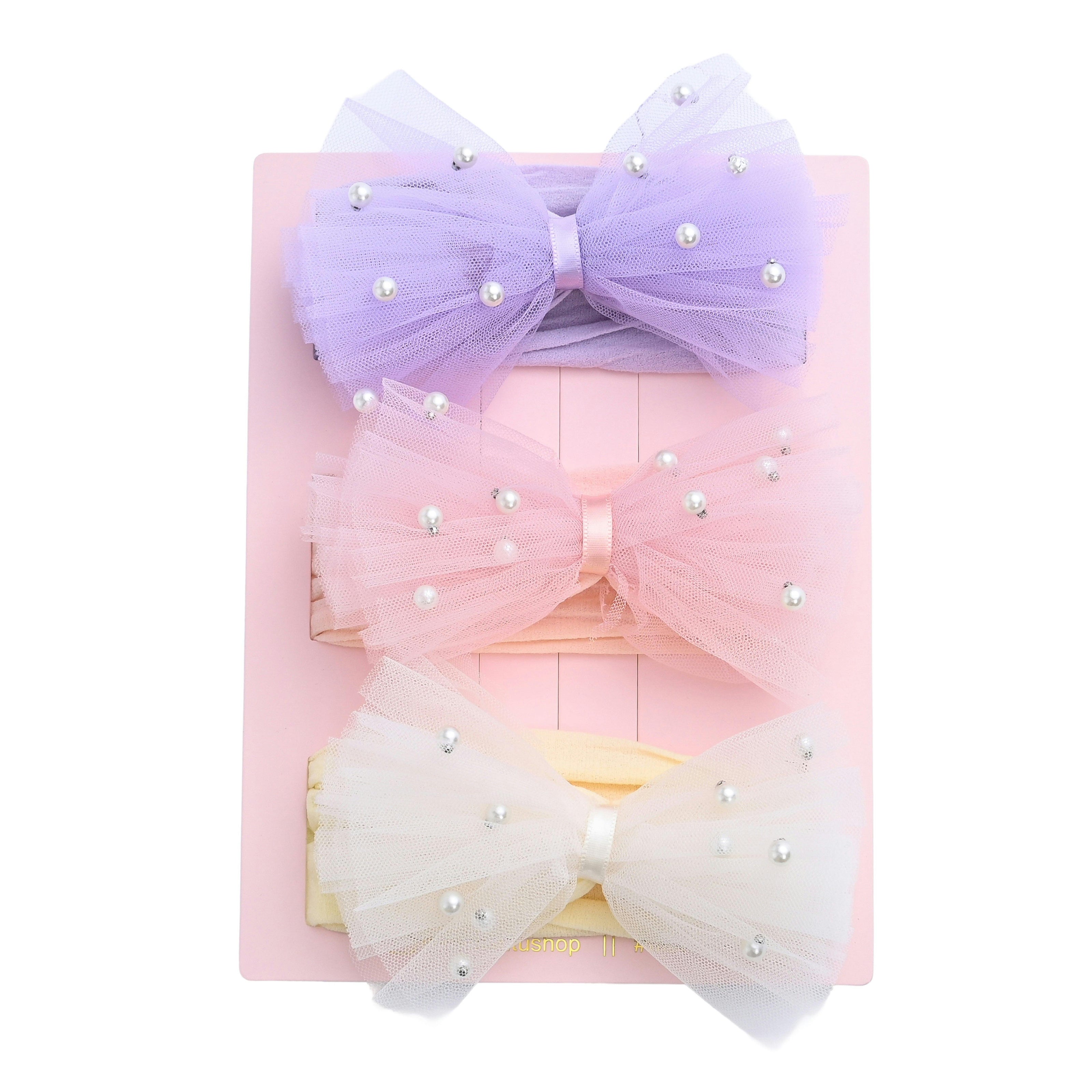 Multicolor Elastic Tulle Pearl Bow Headband Set