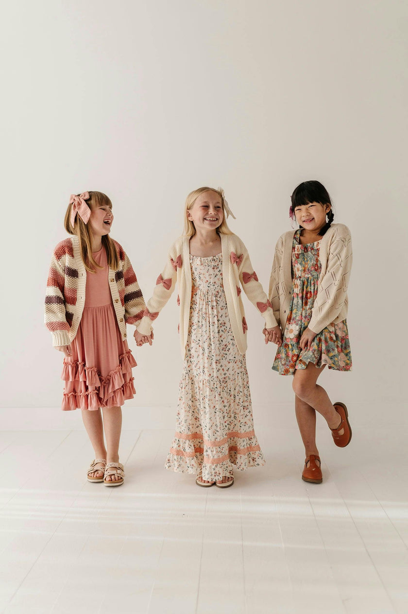 Girls Bow Cardigan in Wild Rosewood