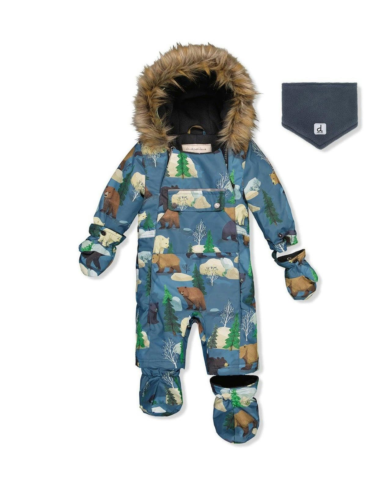 Baby One Piece Snowsuit Adapted For Car Seats Blue Bear Print
