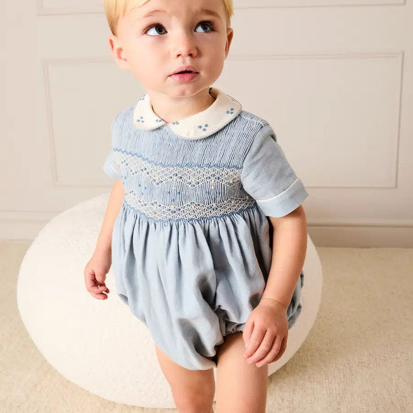 Hand Smocked Peter Pan Collar Short Sleeve Romper in Sky Blue (3mths-2yrs)