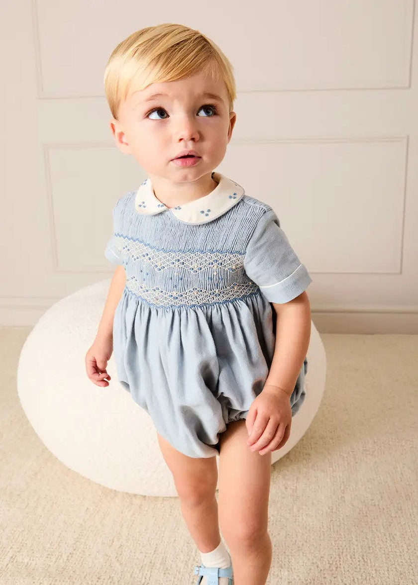 Hand Smocked Peter Pan Collar Short Sleeve Romper in Sky Blue (3mths-2yrs)