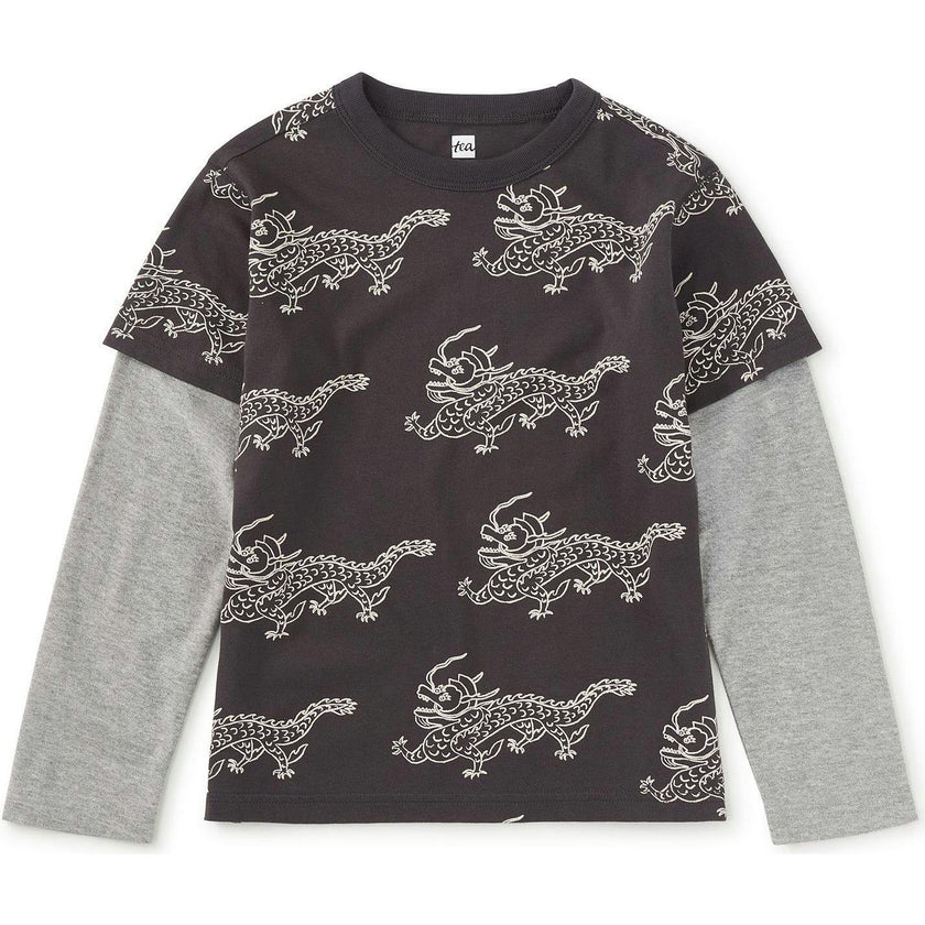 Printed Layered Sleeve Tee, Grey