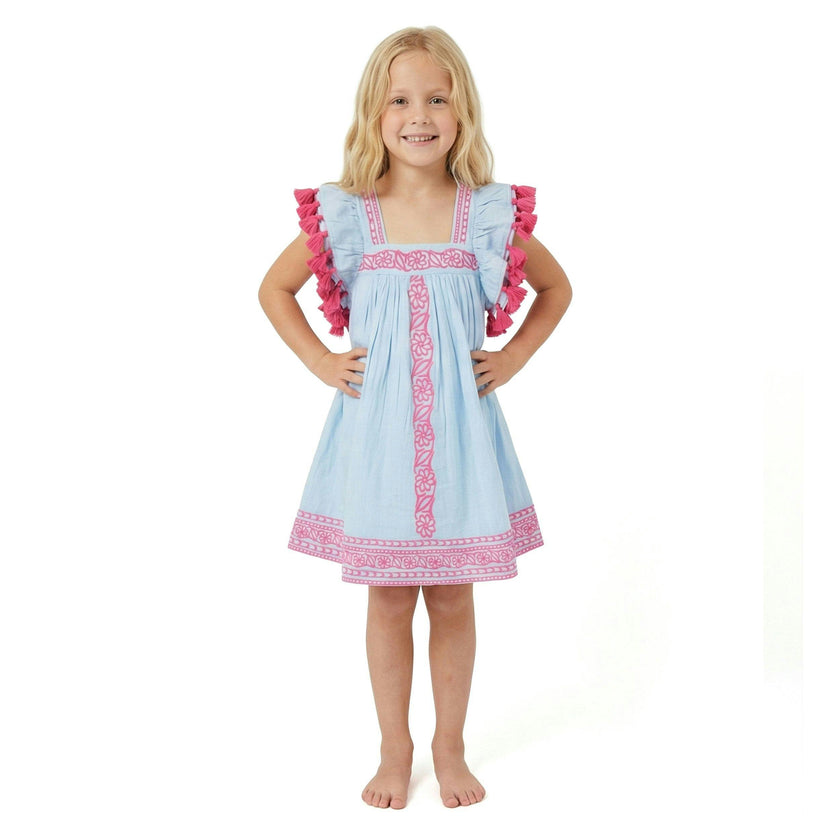 Serena Girls Tassel Dress Sky Embroidery, Navy