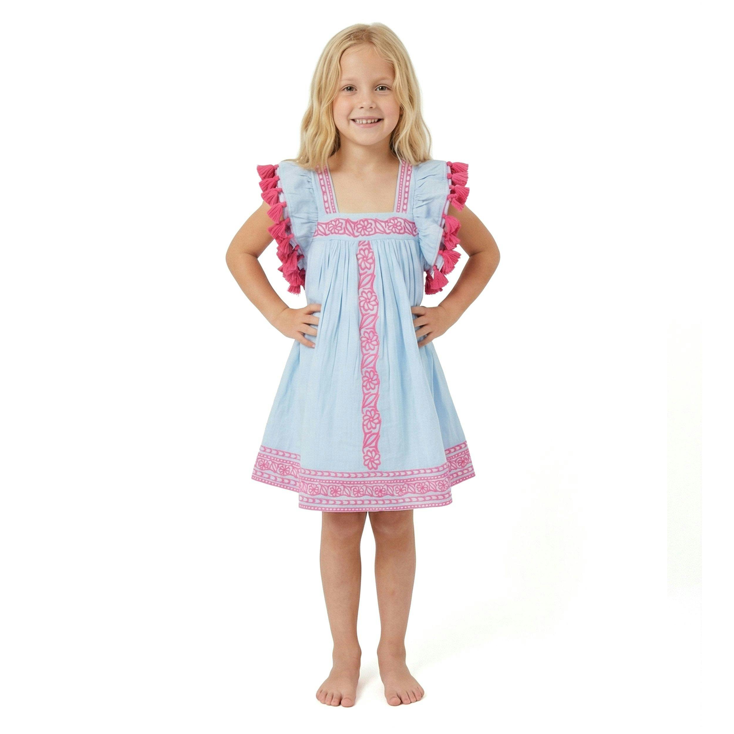 Serena Girls Tassel Dress Sky Embroidery, Navy