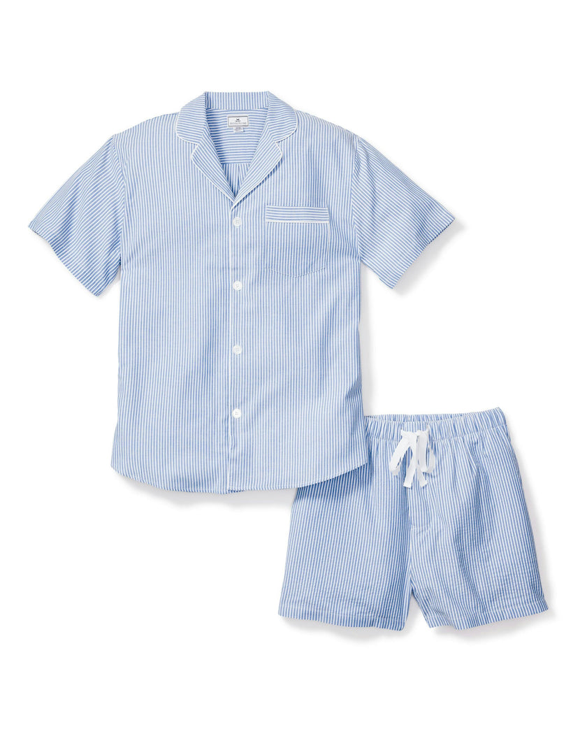 Men's Twill Pajama Short Set in French Blue Heritage Stripe