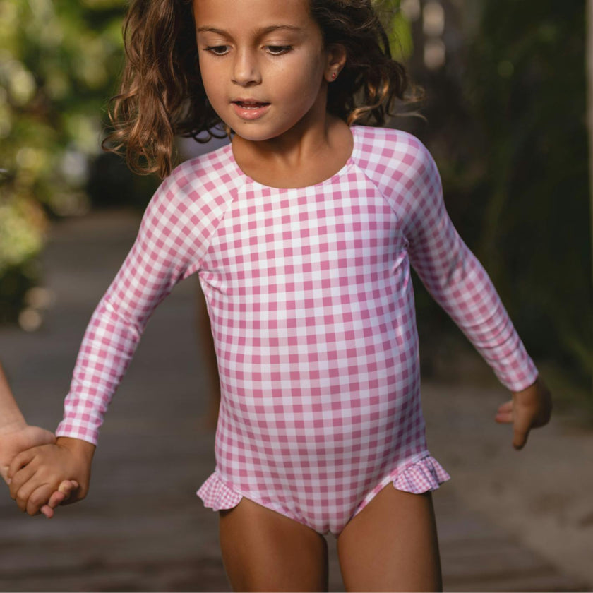 girls blush gingham rashguard one piece
