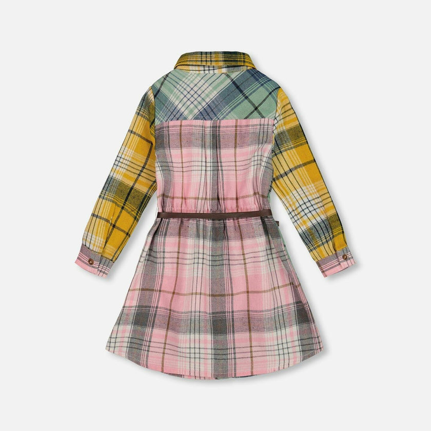 Shirt Dress with Belt Green Pink and Yellow