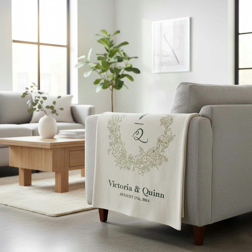 Custom Personalized Wedding Sustainable Knit Throw Blanket - Floral Crest