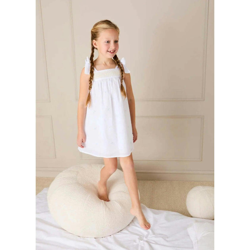 Bluebell Embroidered Bow Shoulder Tie Night Dress in White (18mths- 10yrs)
