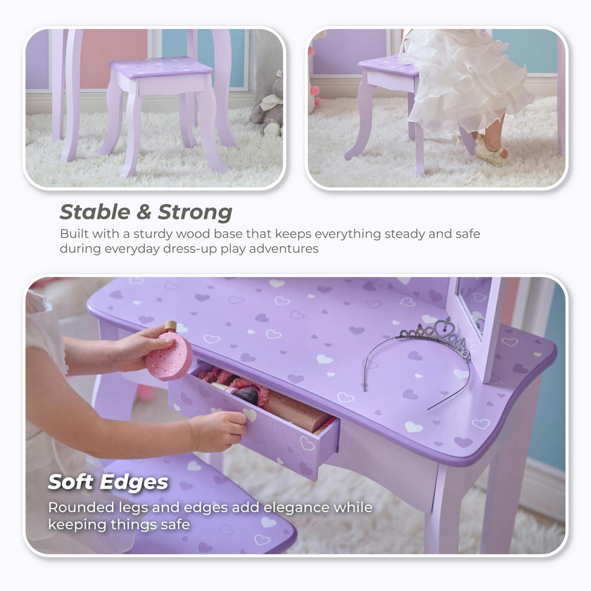 Hearts Gisele Wood Vanity with Tri-Fold Mirror & Drawer, Purple