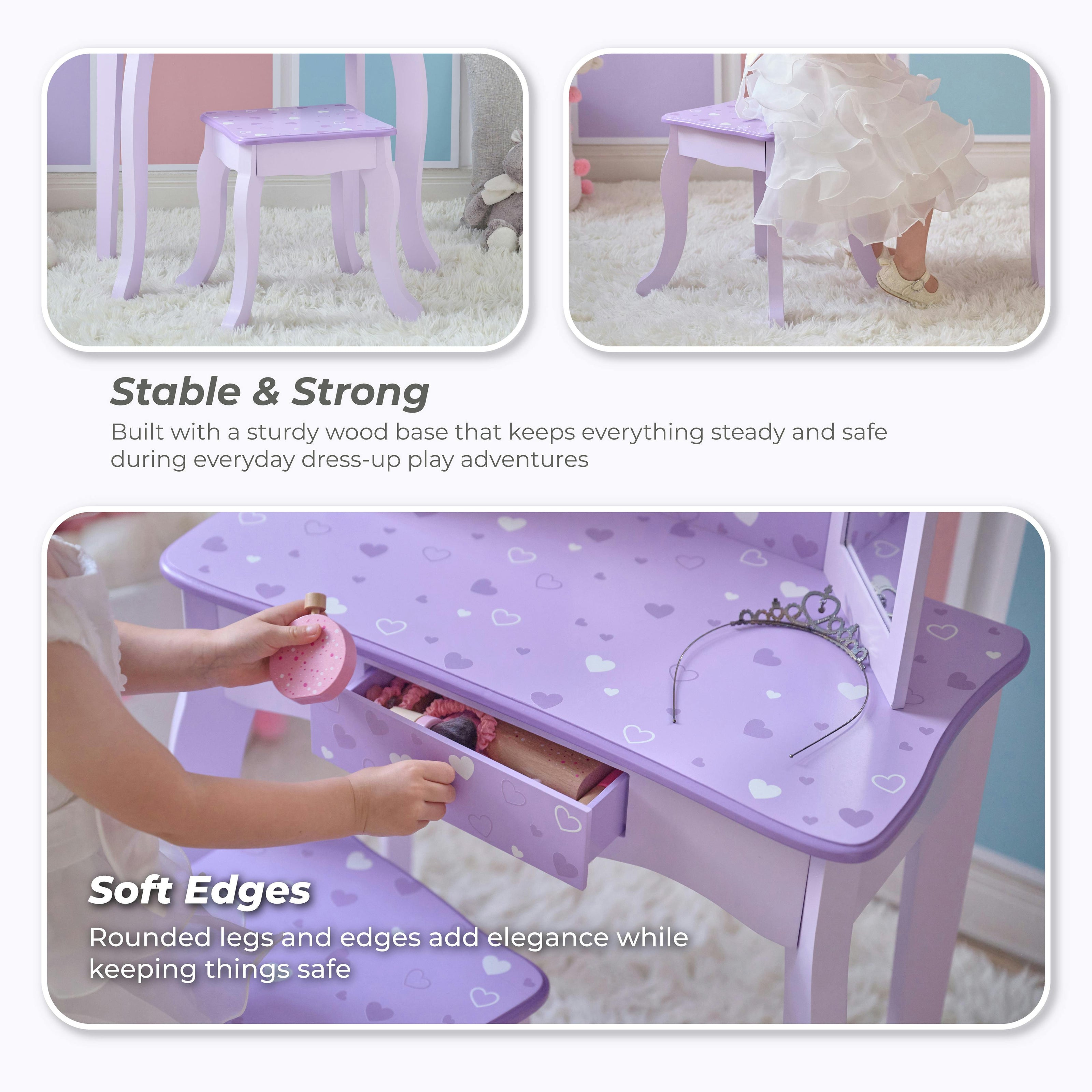 Hearts Gisele Wood Vanity with Tri-Fold Mirror & Drawer, Purple