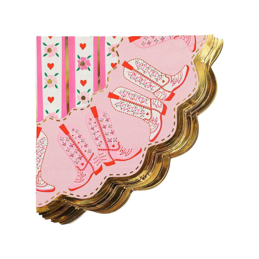 Packed Party Boot Scoot Blooms Western Dinner Napkins 20ct - Gold Foil Scalloped Pink Western Pattern 3-Ply Napkins for Western Parties