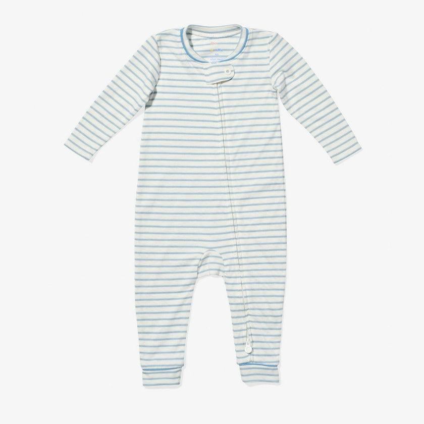 Ziggy Zip Romper, Dusty Blue Mini Stripe