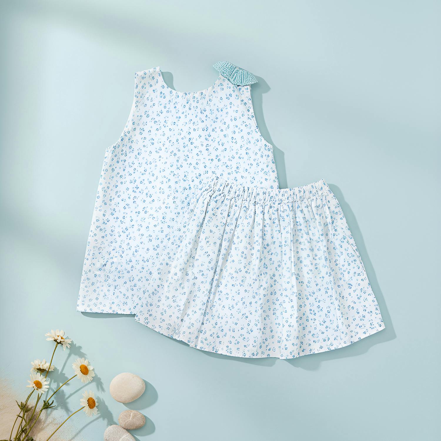 Fleur Girl Blouse Sleeveless, Flowery Aqua Blue