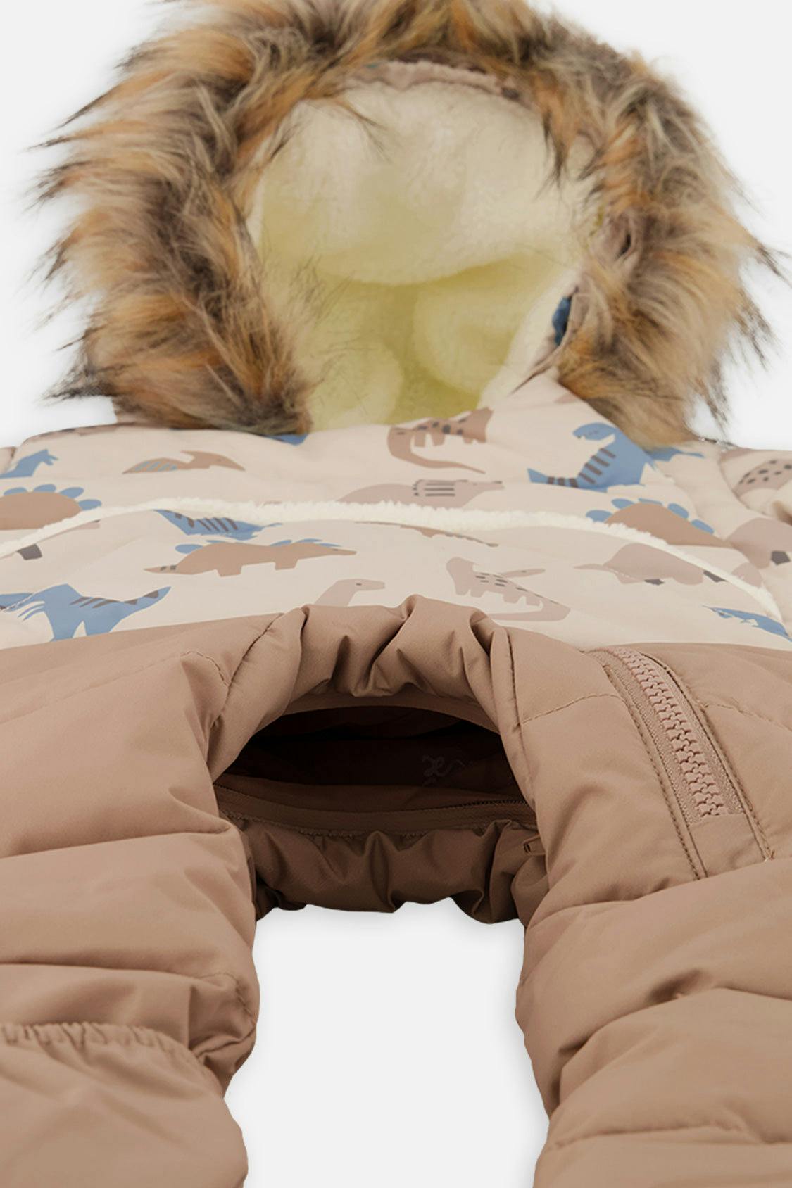 Baby Snug One Piece Snowsuit Adapted For Car Seats Blue Dinosaur Print