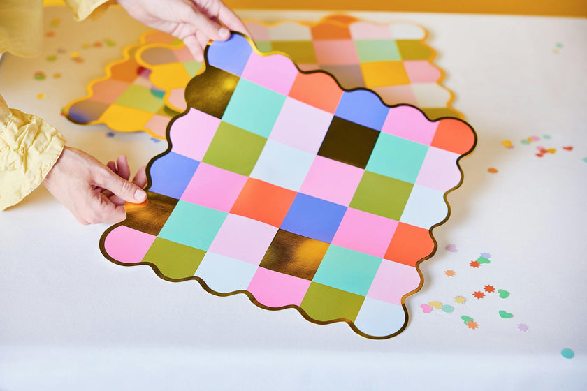 Packed Party Multicolor Checkered Square Paper Placemats 10ct | Gold Foil Festive Rainbow Design | 15 Inch Placemats for Birthday Party Tables