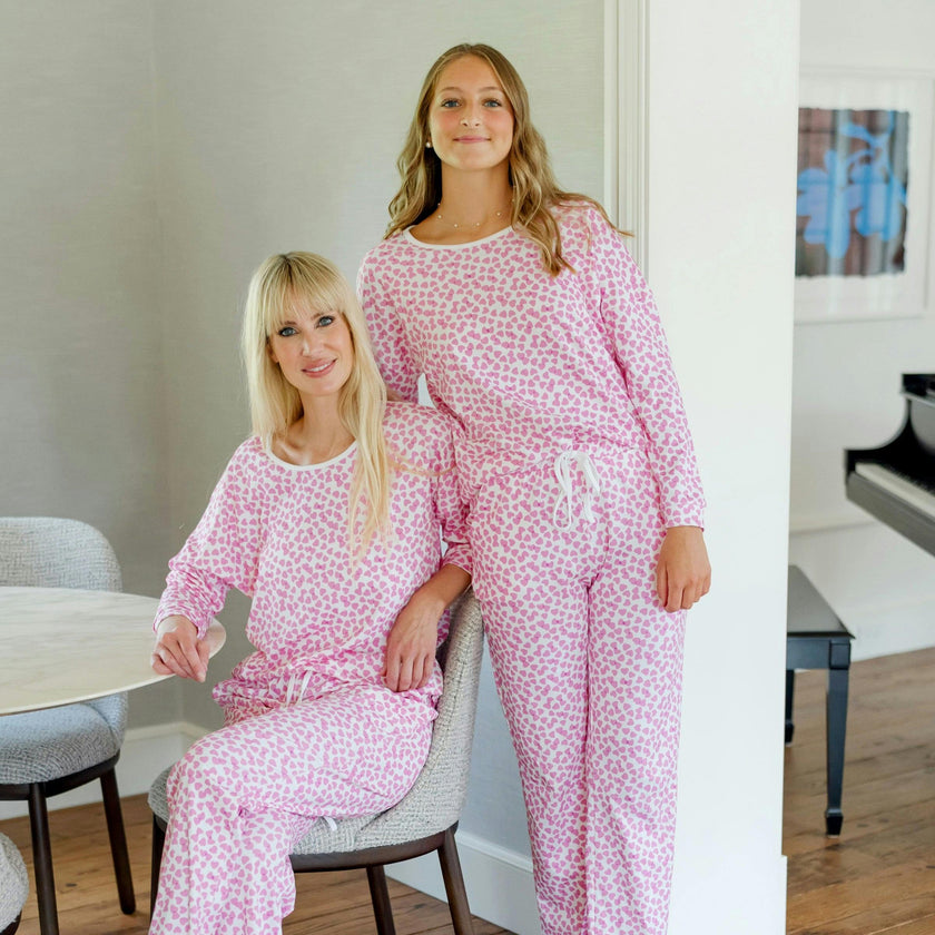 Audrey Women's Longsleeve Top Pant Set - Confetti Hearts Pink