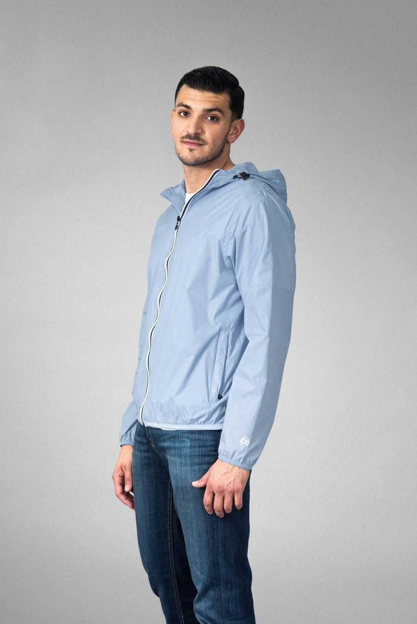Powder blue full zip packable rain jacket and windbreaker