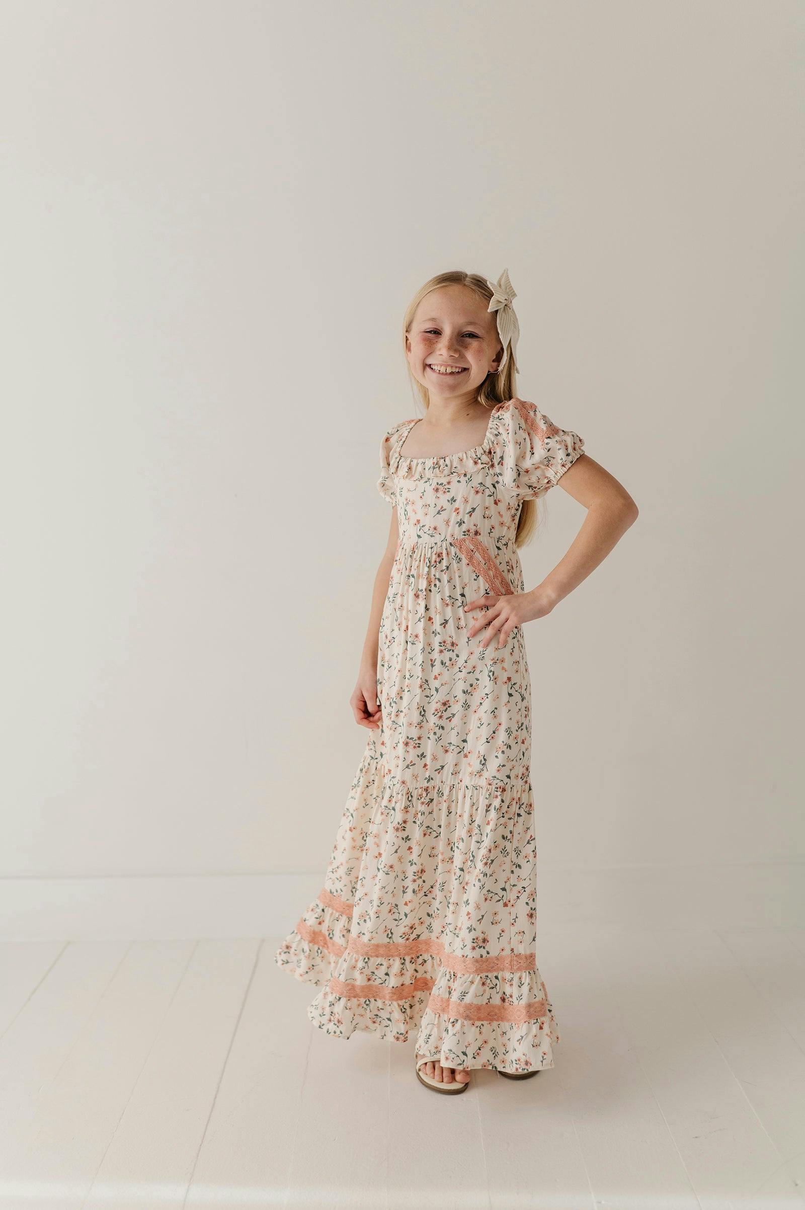 Girls Peasant Ruffle Maxi Dress in Dasha Ditsy in Cream