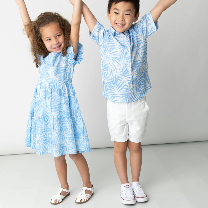 Tropical Palms Blue Shirt in Short Sleeves