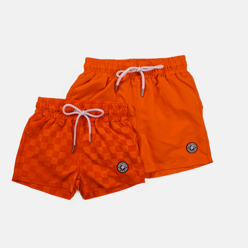 Neon Orange Checker Swim Trunks