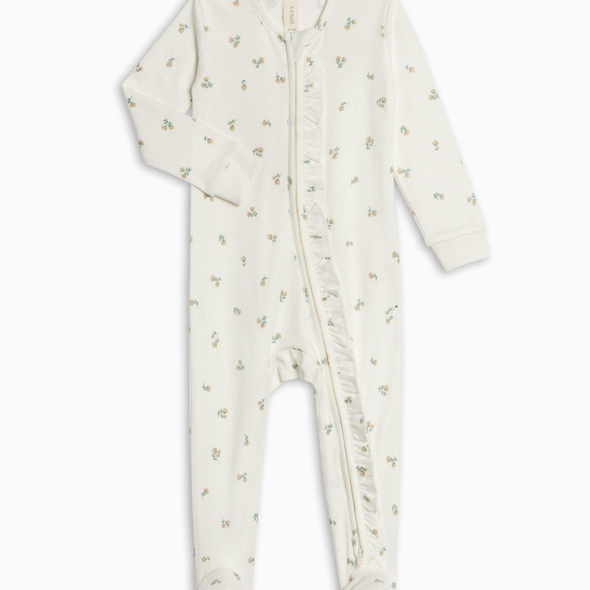 Neve Ruffle Zipper Footed Romper - Palmer Floral / Dune + Laguna