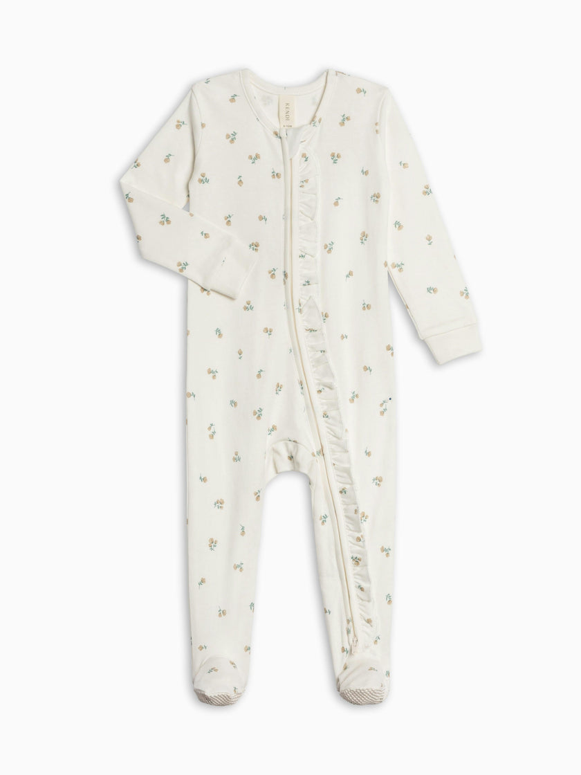 Neve Ruffle Zipper Footed Romper - Palmer Floral / Dune + Laguna