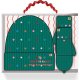 Packed Party Decked in Emerald Rhinestone Beanie and Mittens Set - Double-Layer Rib Knit with Multicolor Rhinestones and Fingerless Gloves, One Size Fits All