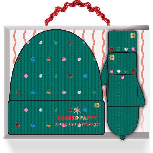 Packed Party Decked in Emerald Rhinestone Beanie and Mittens Set - Double-Layer Rib Knit with Multicolor Rhinestones and Fingerless Gloves, One Size Fits All
