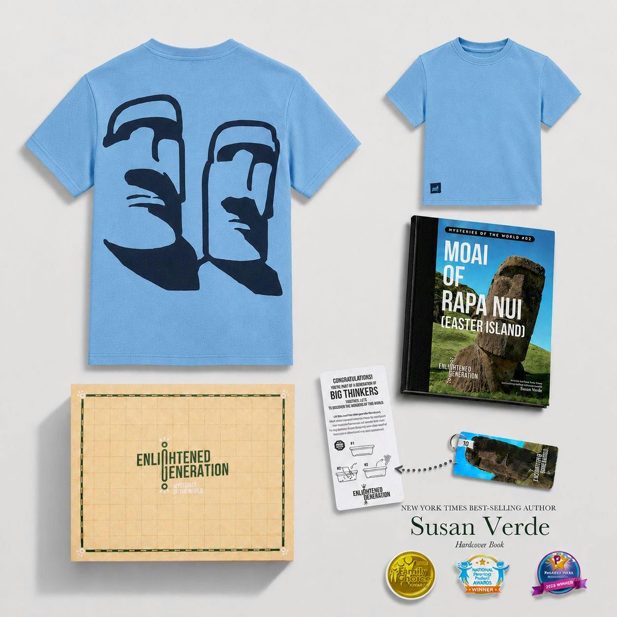 Moai Ancient Wonders Gift Box with Blue Back Print Kids Tee, Book, and Activities