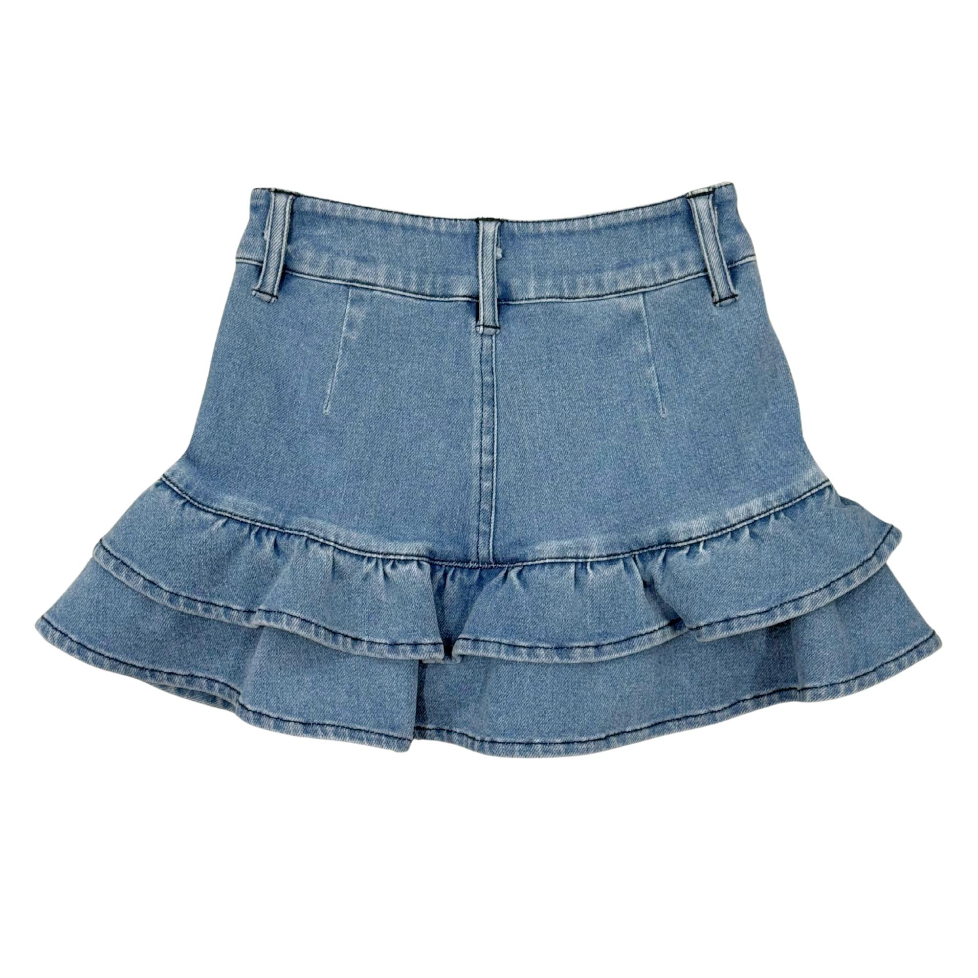 Girls Double Tiered Denim Skirt in Mid Blue Wash